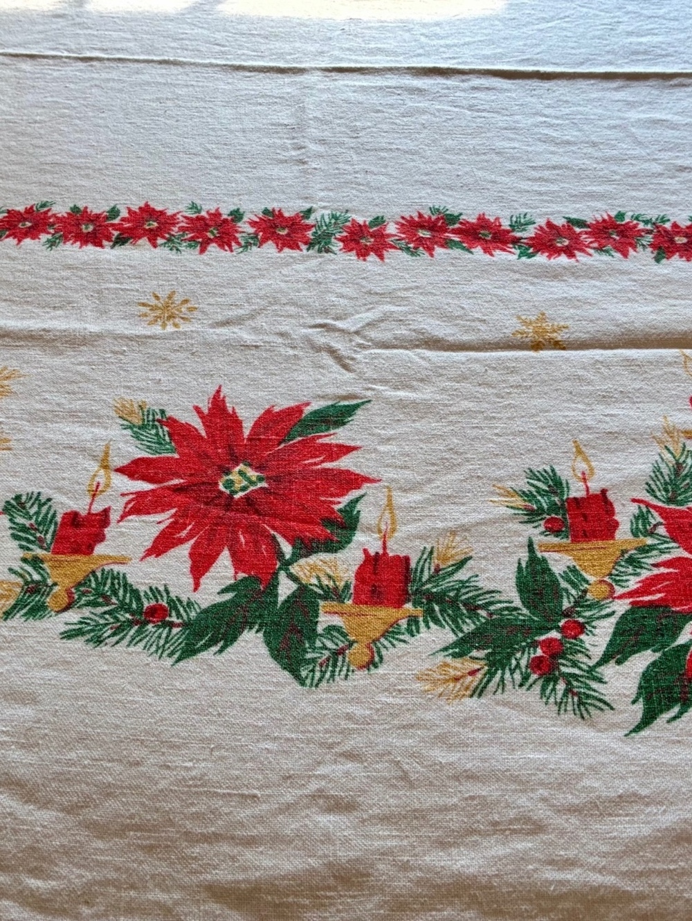 Vintage Christmas Tablecloth with Poinsettia and Candle Design - Picture 2 of 4